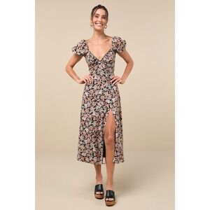 Lulus Meadow Muse Black Floral Tie-back Puff Sleeve Midi Dress - Size XXL